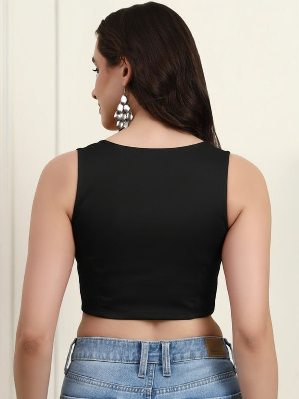 Black Sleeveless Crop Top - Back View