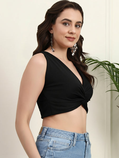 Black V-Neck Crop Top - Detail View