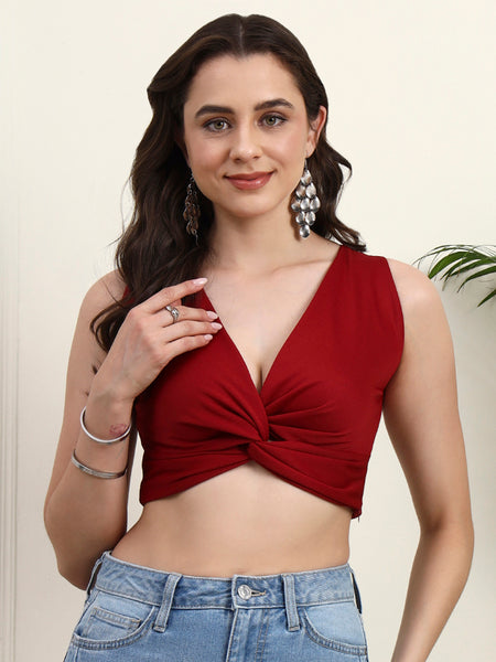 Maroon V-Neck Crop Top - Detail View