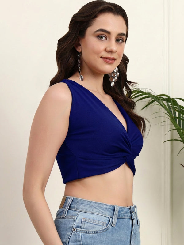 Istyle Can Women Navy Blue Solid V-Neck Sleeveless Twist Front Crop Top - Front View