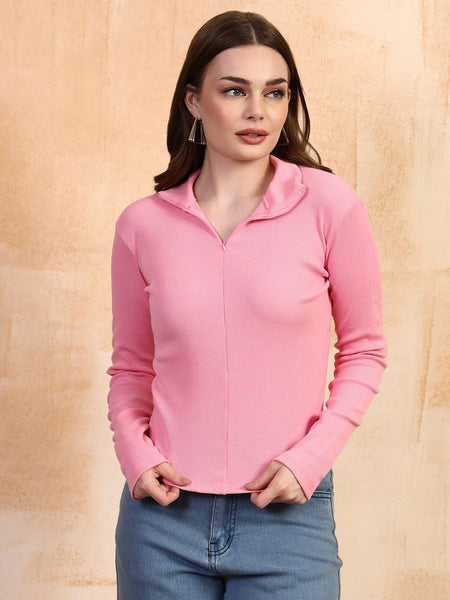 Pink ribbed top front view