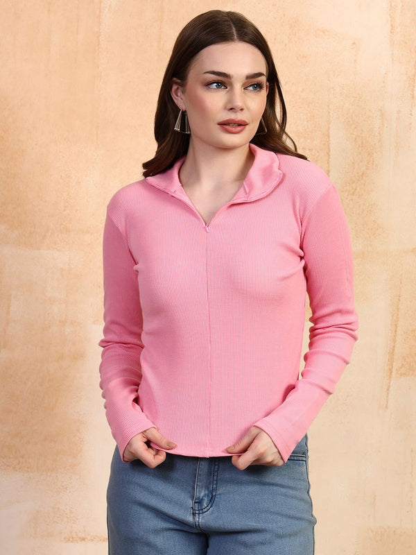 Pink ribbed top front view