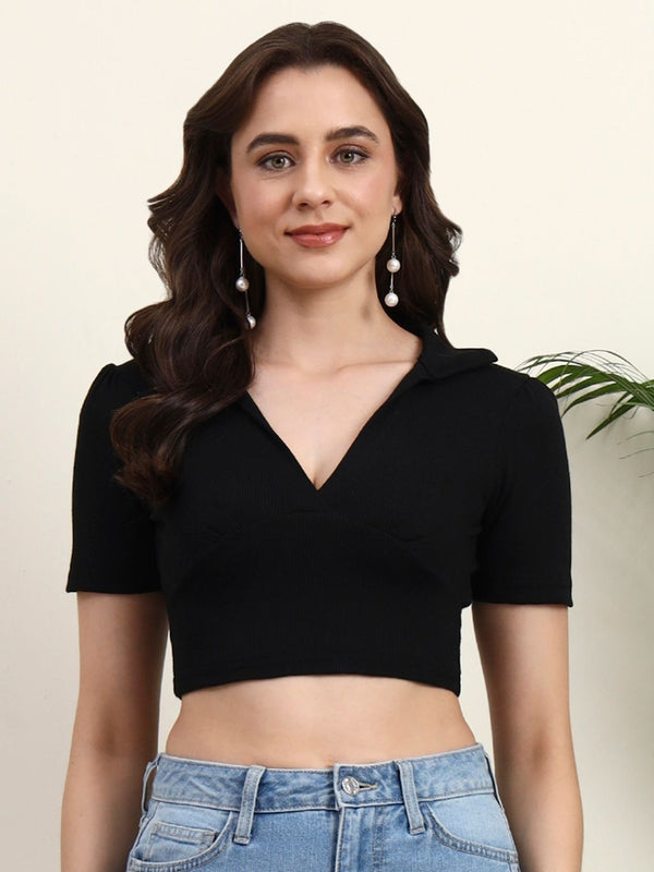 Istyle Can Women Ribbed Polo Collar Crop Top Black Front View