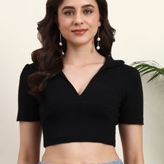 Istyle Can Ribbed Polo Collar Crop Top Black Front