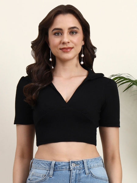 Istyle Can Ribbed Polo Collar Crop Top Black Front