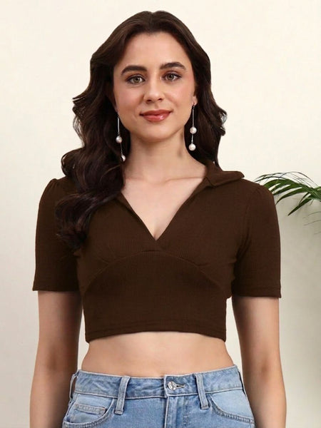 Istyle Can Brown Ribbed Polo Collar Crop Top Front