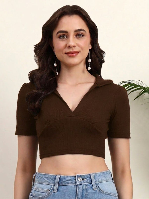 Istyle Can Brown Ribbed Polo Collar Crop Top Front