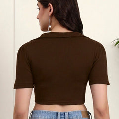 Brown Ribbed Crop Top View 2