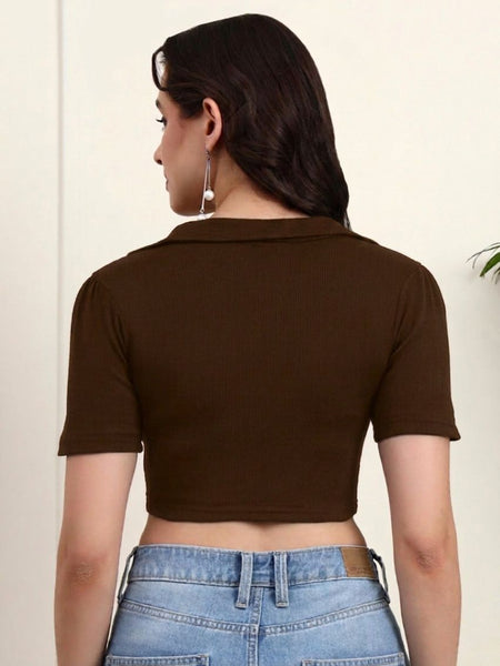 Brown Ribbed Crop Top View 2