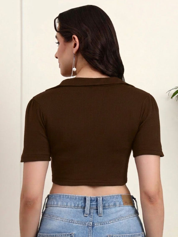 Brown Ribbed Crop Top View 2