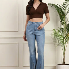 Brown Ribbed Crop Top View 3