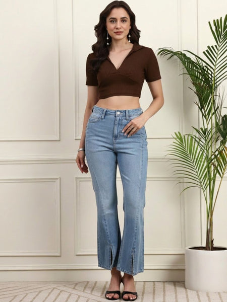 Brown Ribbed Crop Top View 3
