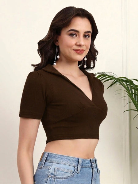 Brown Ribbed Crop Top View 4