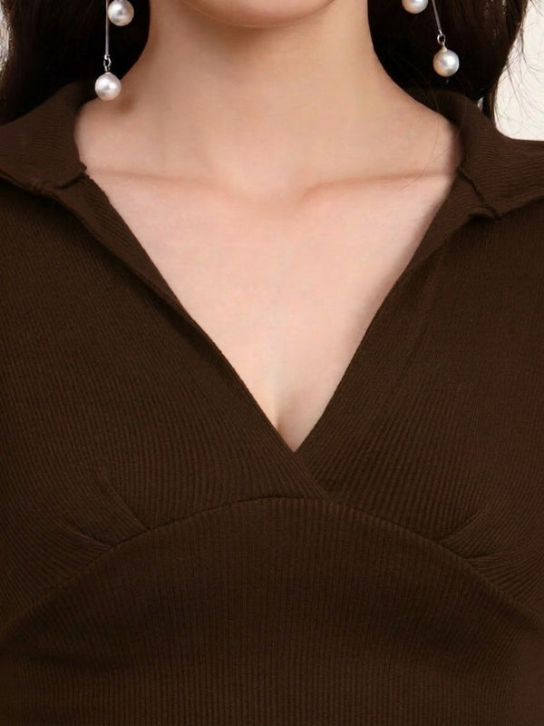 Brown Ribbed Crop Top View 6