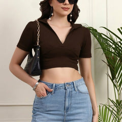 Brown Ribbed Crop Top View 7