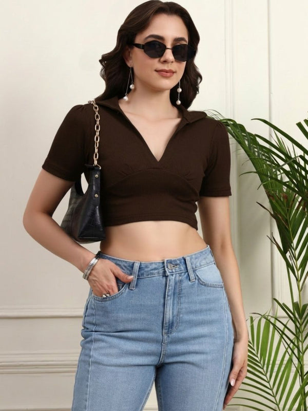 Brown Ribbed Crop Top View 7