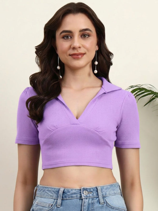 Istyle Can Lavender Ribbed Polo Collar Crop Top Front