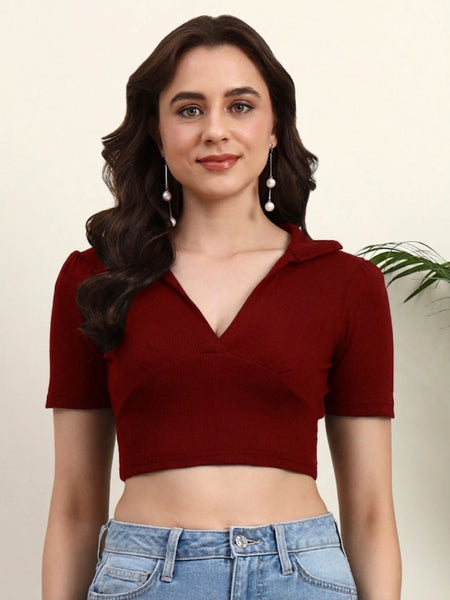 Istyle Can Maroon Ribbed Polo Collar Crop Top Front
