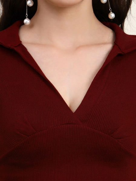 Maroon Ribbed Crop Top View 3