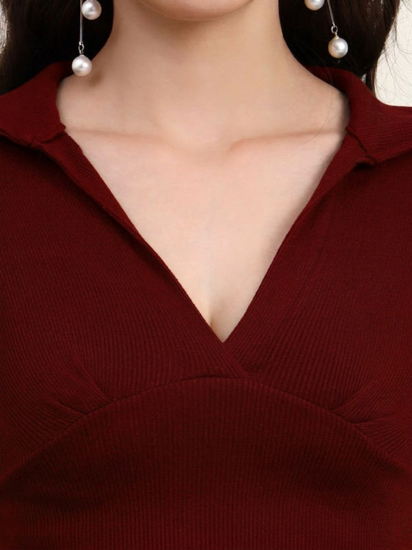 Maroon Ribbed Crop Top View 3