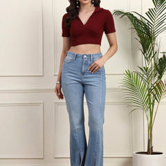 Maroon Ribbed Crop Top View 2