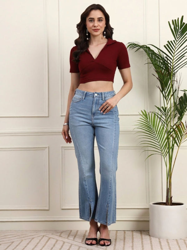 Maroon Ribbed Crop Top View 2