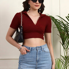 Maroon Ribbed Crop Top View 4