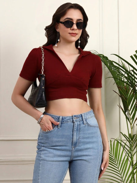 Maroon Ribbed Crop Top View 4