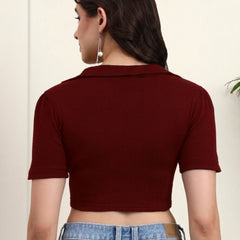 Maroon Ribbed Crop Top View 5