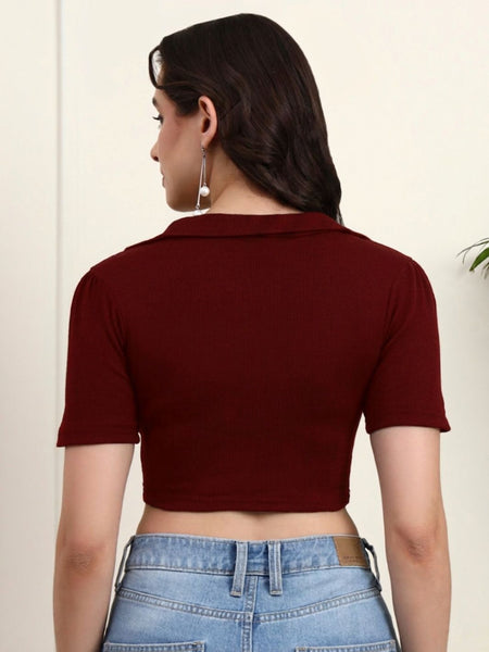 Maroon Ribbed Crop Top View 5