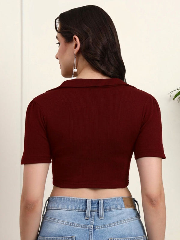 Maroon Ribbed Crop Top View 5