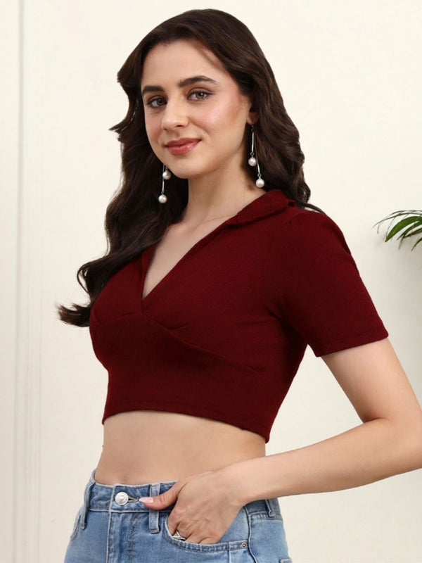 Maroon Ribbed Crop Top View 6