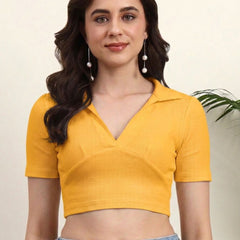Istyle Can Mustard Ribbed Polo Collar Crop Top Front