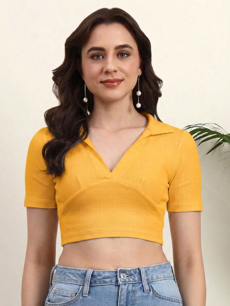 Istyle Can Mustard Ribbed Polo Collar Crop Top Front