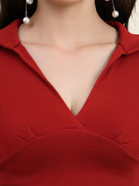 Red Ribbed Crop Top View 2