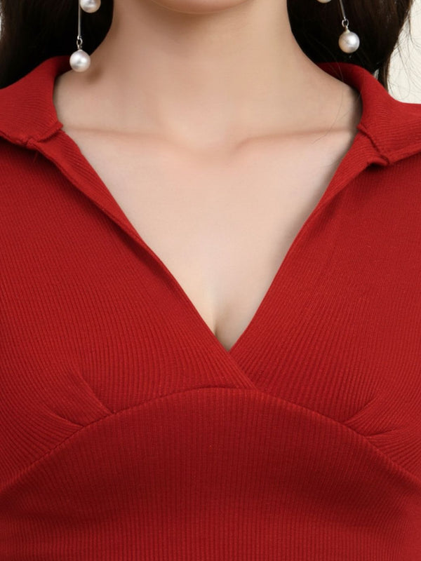 Red Ribbed Crop Top View 2