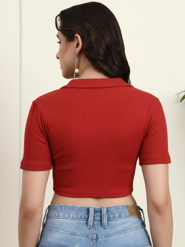 Red Ribbed Crop Top View 3