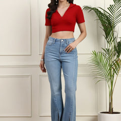 Red Ribbed Crop Top View 4