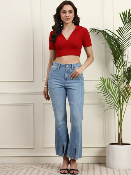 Red Ribbed Crop Top View 4