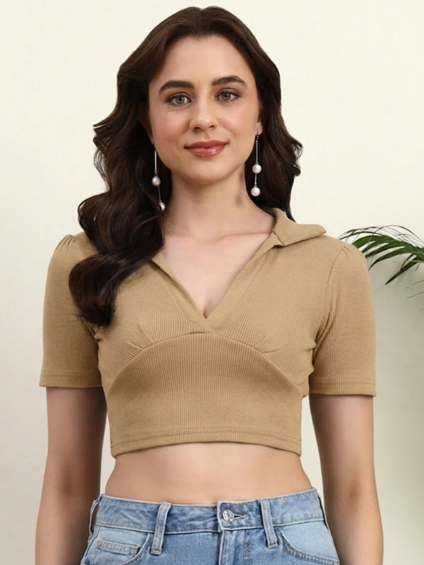 Istyle Can Skin Nude Ribbed Polo Collar Crop Top Front