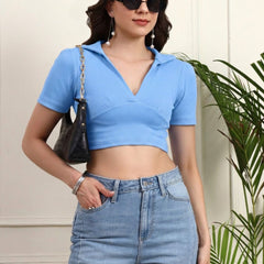 Sky Blue Ribbed Crop Top View 2