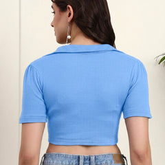 Sky Blue Ribbed Crop Top View 3