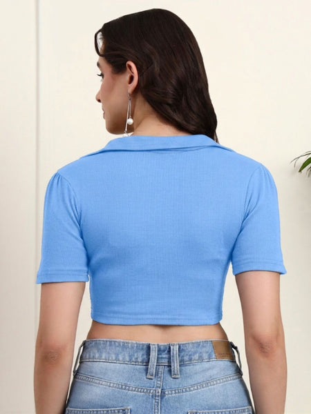 Sky Blue Ribbed Crop Top View 3