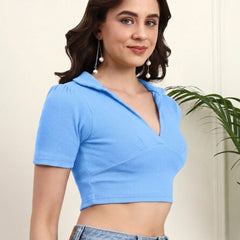 Sky Blue Ribbed Crop Top View 6