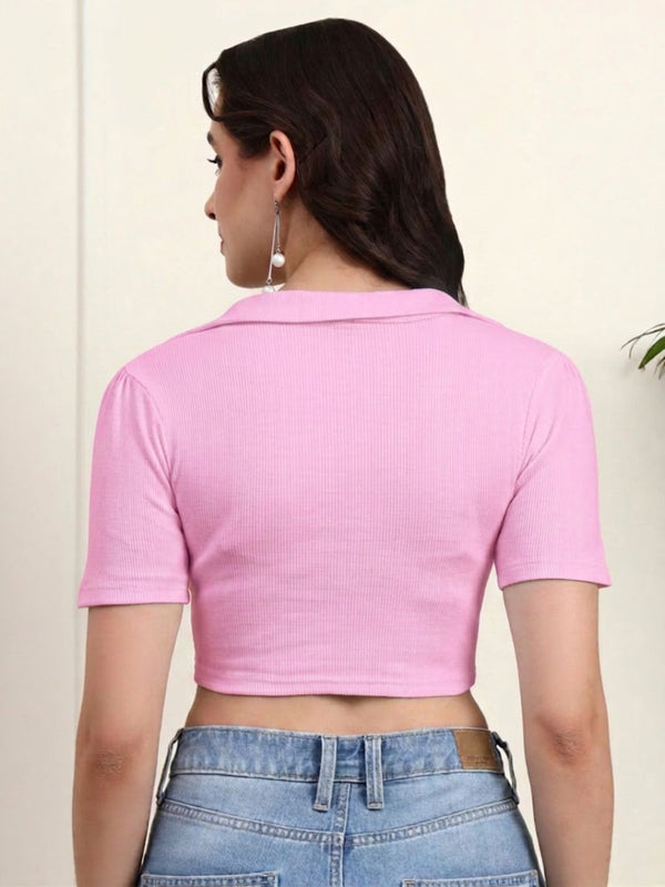 Soft Pink Ribbed Crop Top View 2