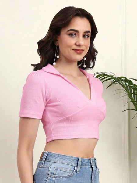 Soft Pink Ribbed Crop Top View 4
