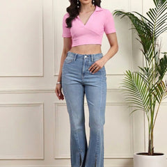 Soft Pink Ribbed Crop Top View 6