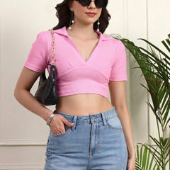 Soft Pink Ribbed Crop Top View 7