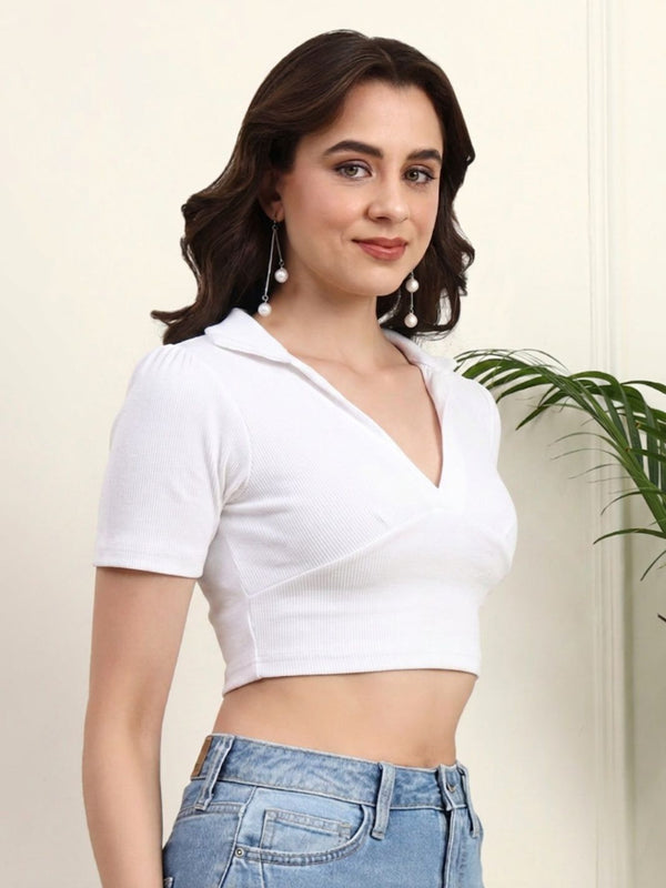 White Ribbed Crop Top View 3