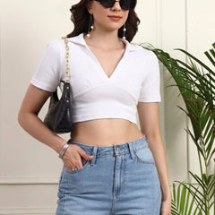 White Ribbed Crop Top View 6